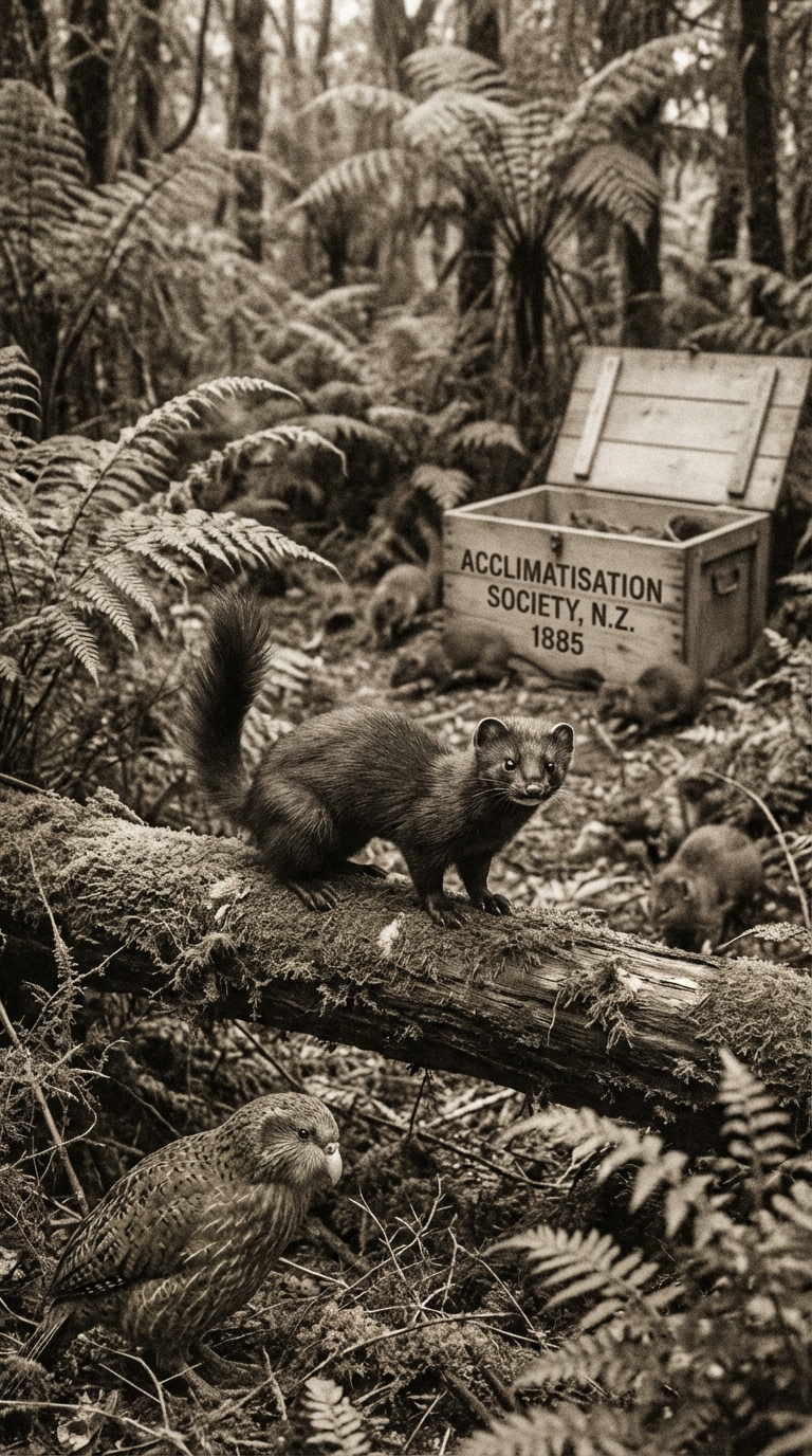 In the 1880s, large numbers of mustelids (stoats, ferrets and weasels) were released in New Zealand to reduce rabbit numbers, but they also preyed heavily on many native species including the kākāpō