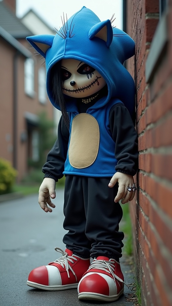 Full body shot of a creepy Sonic the Hedgehog mascot costume, standing in a suburban alleyway, leaning against a brick wall. The costume features a blue hooded top with spiky quills and a beige belly, black long-sleeved shirt, black baggy pants, and oversized red and white sneakers. The character's face is a pale mask with black, hollowed-out eyes and dark tear streaks, long black hair, and a spiked choker. One hand is in a finger-gun gesture, the other is on the hip. A black beanie is tucked into the back of the hood. Photorealistic art style with soft, overcast lighting, creating a somber mood. Muted color palette with dominant blues, reds, and grays, contributing to a slightly eerie atmosphere.