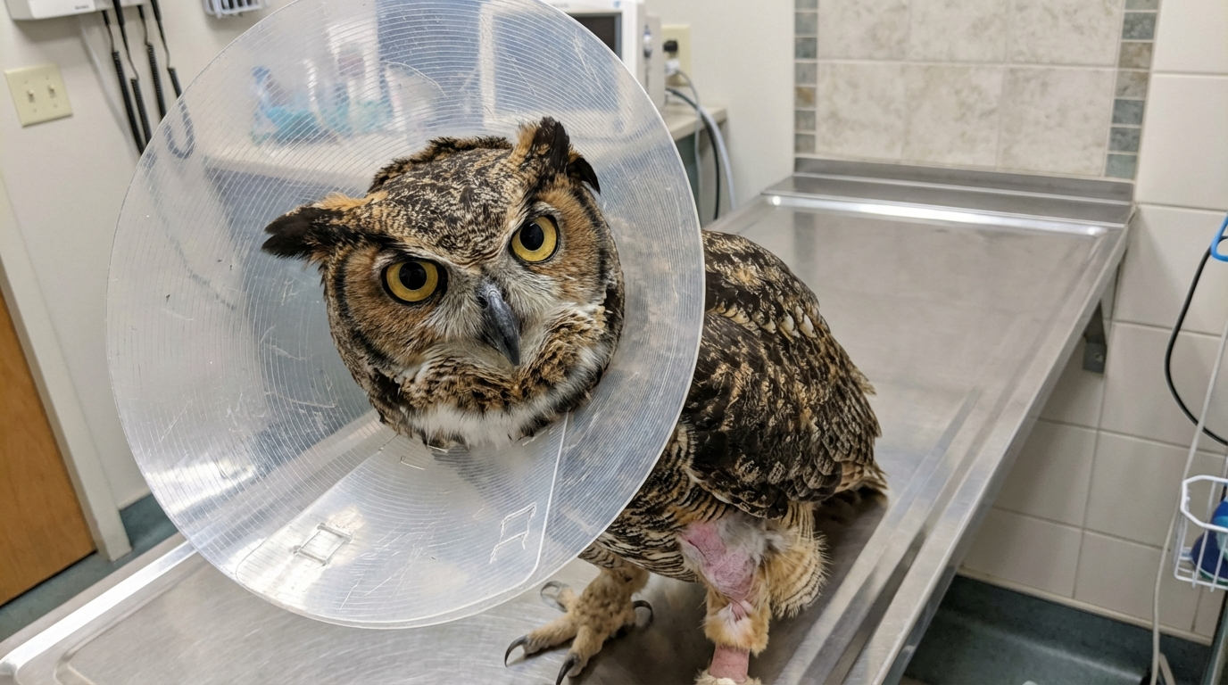 Great Horned Owl Wearing Cone Of Shame