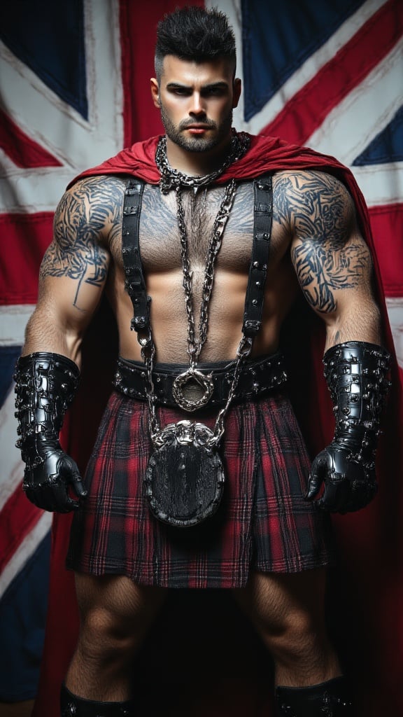 hypermasculine male super-hero. British Punk Rocker.  Young man, college aged.  Jet-black hair, shark fin Mohawk with shaved hair on the sides of head.  Pale grey eyes, intense gaze, slight scowl on face. Handsome, strong brow and jaw. Soul Patch on face.  Strong, muscular, sinewy, brute, broad chest and powerful legs. Extremely hairy hirsute body, especially on chest, torso, armpits and legs.  Scorpion tattoo on chest. O-ring chain harness on chest. Black leather bracers/armbands with spikes. Dark red short cape, tattered and torn. Full kilt, red and black tartan pattern, no underwear underneath. Black leather studded belt. Kilt is worn and tattered, exposing hairy legs underneath.  Black leather combat boots. Full body pose, fighting stance. British flag in background. 