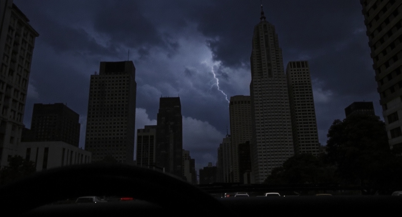 Driving In The City Sky Scrapers Around Me Dark Clouds