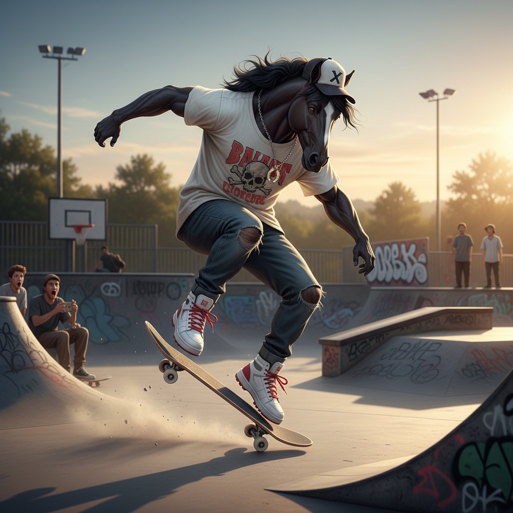 An Anthropomorphic Horse Dressed Up As A Skater Skating Like
