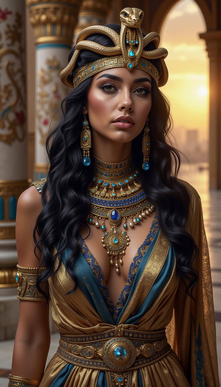 A Close-up Of A Woman In A Gold Dress With A Gold .png